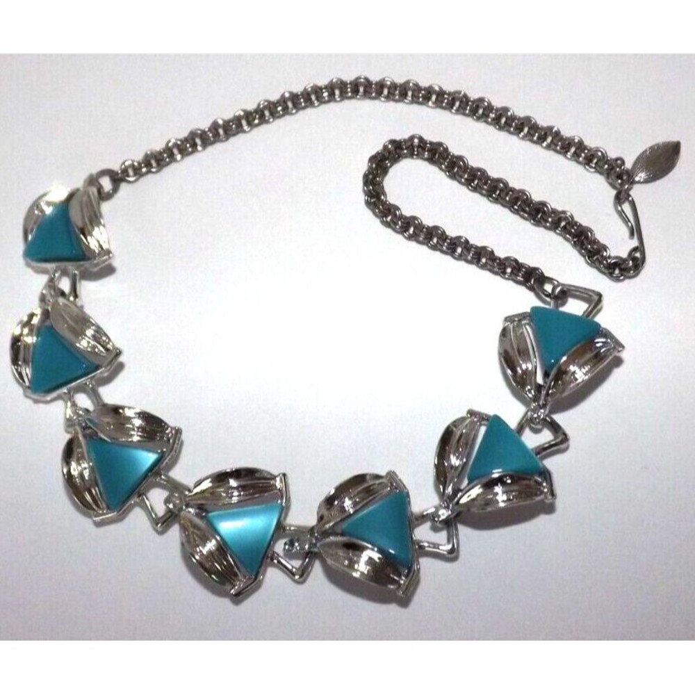 Vintage Retro Turquoise Blue Triangle Moonglow Thermoset Lucite Necklace